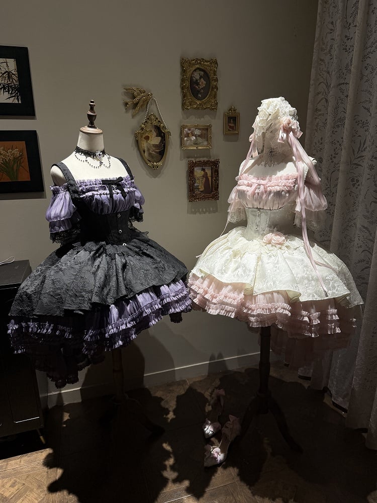 [pre-order Deadline: April 28] Purple X Black Gothic Lolita Corset Layered Jsk Dress + Off-shoulder Lace Puff Top
