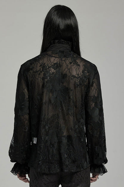 Black Stand Collar Lantern Sleeves Print Ruffle Lace Gothic Blouse
