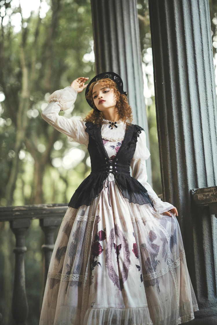Multi-color Long Sleeves Print Ruffle French Princess Classic Gothic Lolita Dress Set