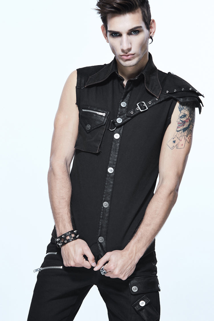 Black Sleeveless Twill One-shoulder Armor Heat Seal Punk Shirt