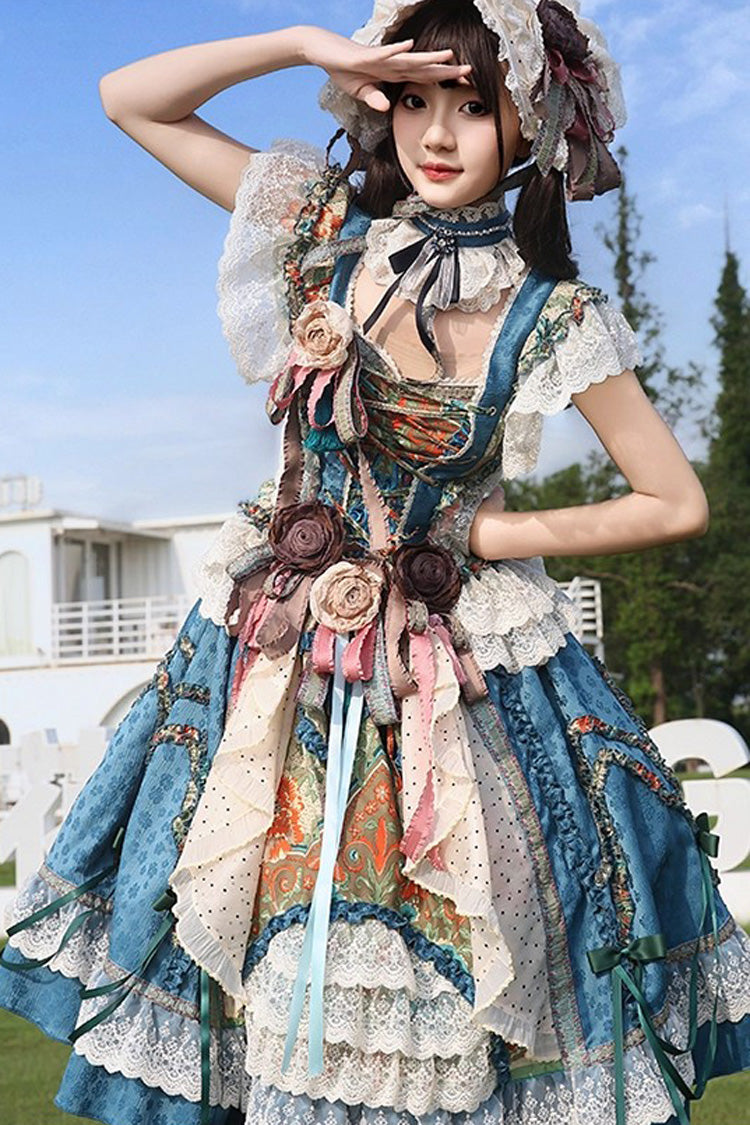 Blue [lake Monet] Sleeveless High Waisted Print Ruffle Cardigan Bowknot Lace-up Classic Princess Lolita Jsk Dress
