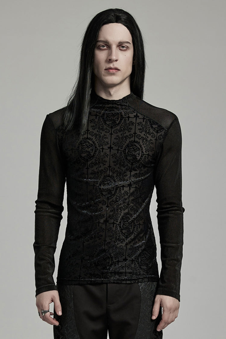 Black Stand Collar Long Sleeves Embroidery Cross Flocking Gothic Blouse