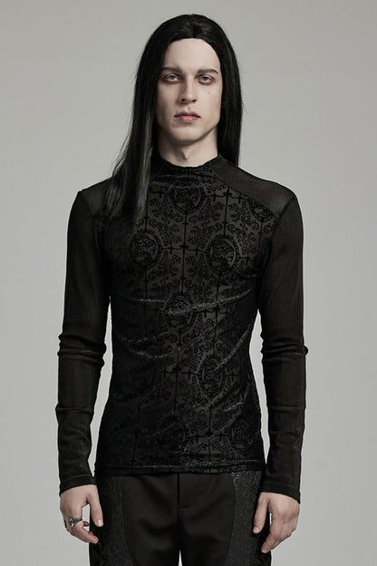 Black Stand Collar Long Sleeves Embroidery Cross Flocking Gothic Blouse