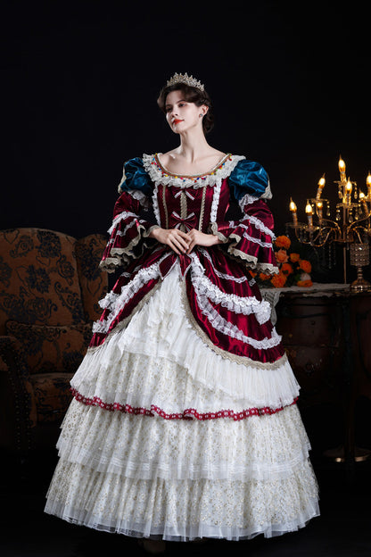 Wine/ivory Round Collar Long Hime Sleeves Triple-layered Ruffled Open-front Bow Lace Classic Palace Lolita Victorian Dress