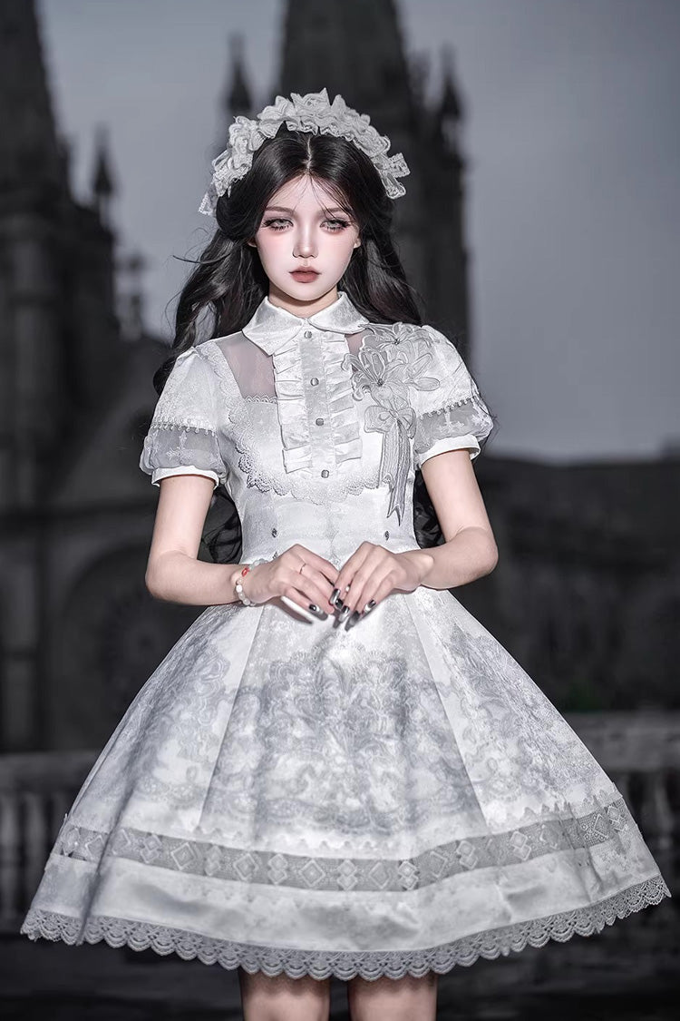 White Lapel Collar Short Sleeves Printed Ruffled Lace Classic Gothic Lolita Dress