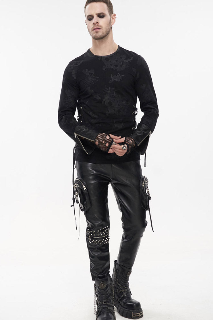 Black Punk Long Sleeve Knit Broken Holes Spider Web Print Crew Neck Shirt
