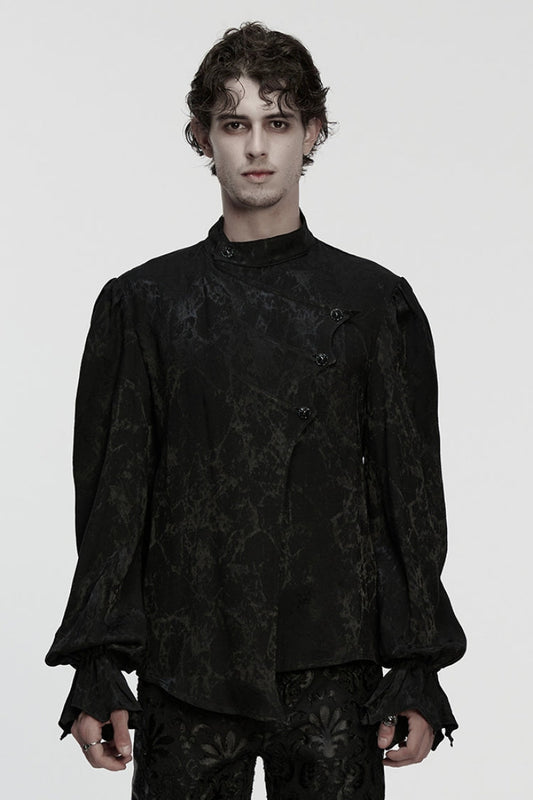 Black Stand Collar Long Puff Sleeves Print Asymmetric Gothic Blouse