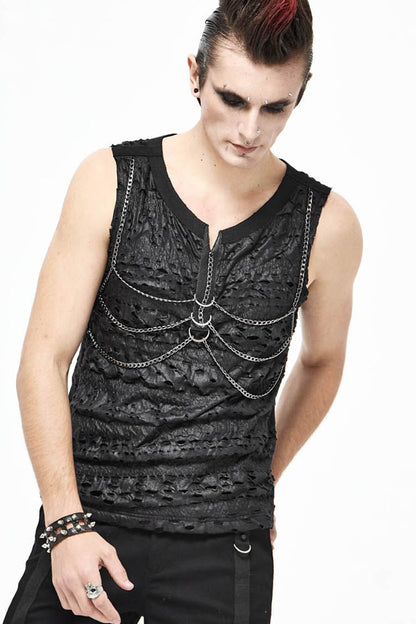 Black Broken Holes Thick Stripes Chest Chain Knit Punk Vest