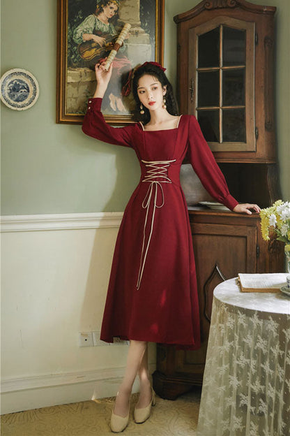 Wine European Manor Square Collar Long Sleeves High Waisted Classic Lolita Op Dress