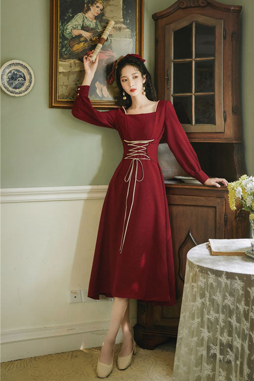 Wine European Manor Square Collar Long Sleeves High Waisted Classic Lolita Op Dress