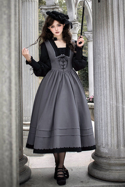 Grey [mist Chronicle] Square Collar Long Sleeves Bowknot Lace-up Color-block Fake Two Pieces Classic Lolita Dress