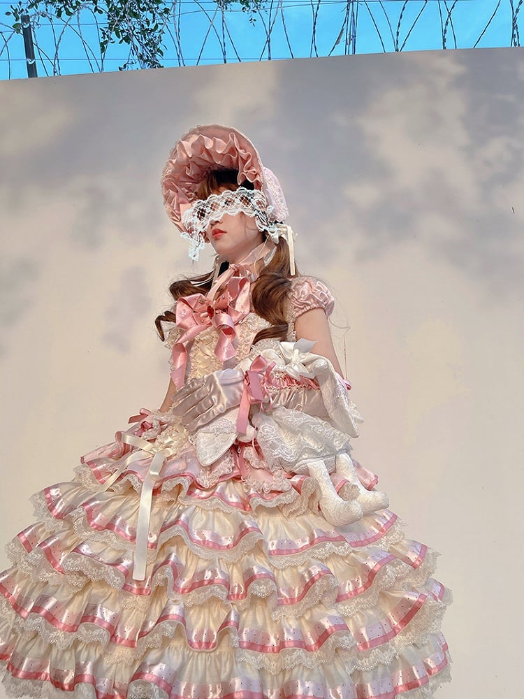 [pre-order Deadline: April 30] Sweet Pink Lolita Lace Ribbon Tiered Ruffle Princess Dress