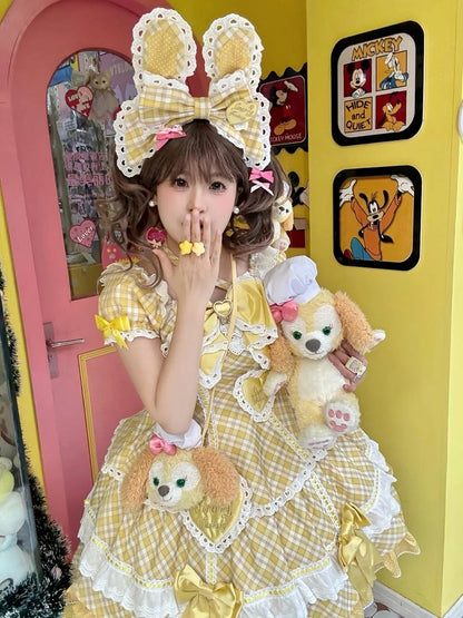 [pre-order Deadline: May 10] Blue/yellow/pink Sweetheart Lolita Ribbon Puff Sleeve Tiered Dress + Bunny Ear Full Set + Cat Ear Full Set