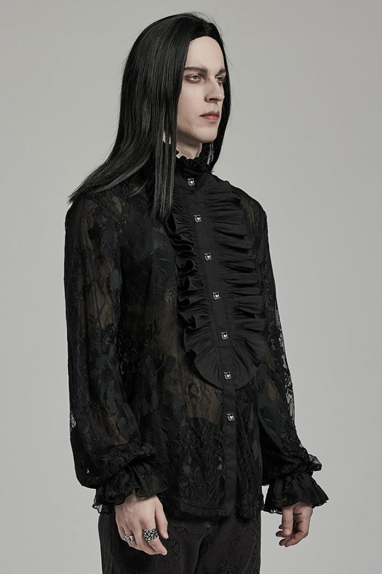 Black Stand Collar Lantern Sleeves Print Ruffle Lace Gothic Blouse