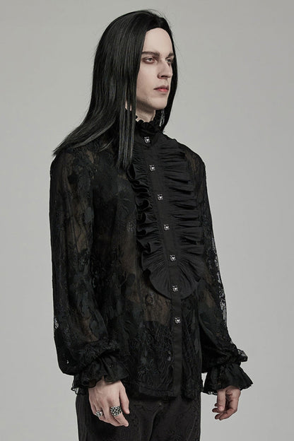Black Stand Collar Lantern Sleeves Print Ruffle Lace Gothic Blouse