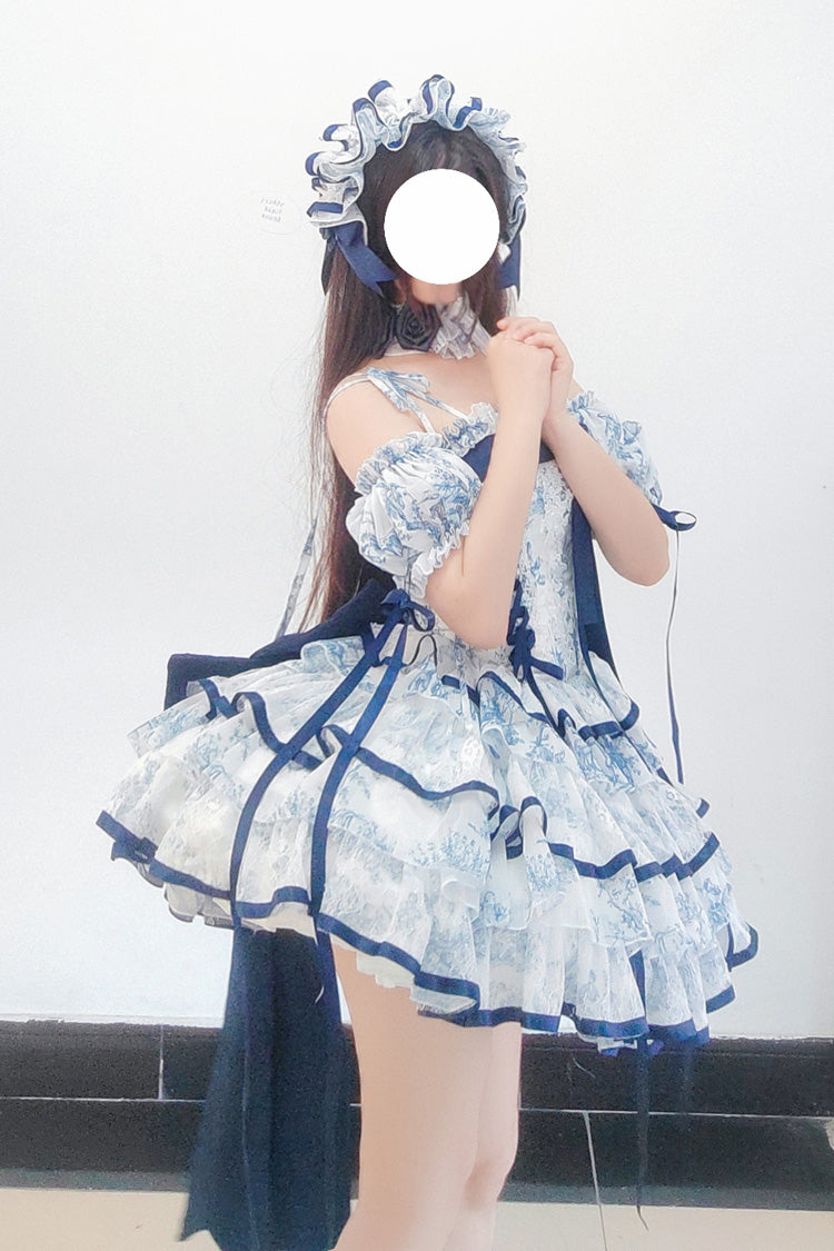 Blue/white Sleeveless Multi-layered Print Bowknot Fishbone Sweet Classic Chinese Style Lolita Jsk Short Dress