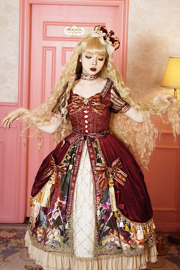 Red [kaleidoscope of Dreams] Double-layered Print Embroidery Bowknot Lace-up Classic Lolita Dress