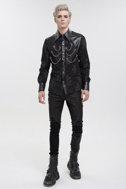 Black Ribbed Metal Chain Hand-painted Velveteen Paneled Leather Punk Shirt