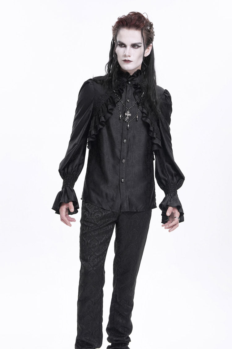 Black Stand Collar Long Sleeves Ruffle Lace Cross Gothic Blouse