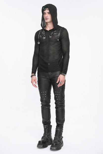 Black Striped Sheer Long Sleeve Punk Sweatshirt Hooded