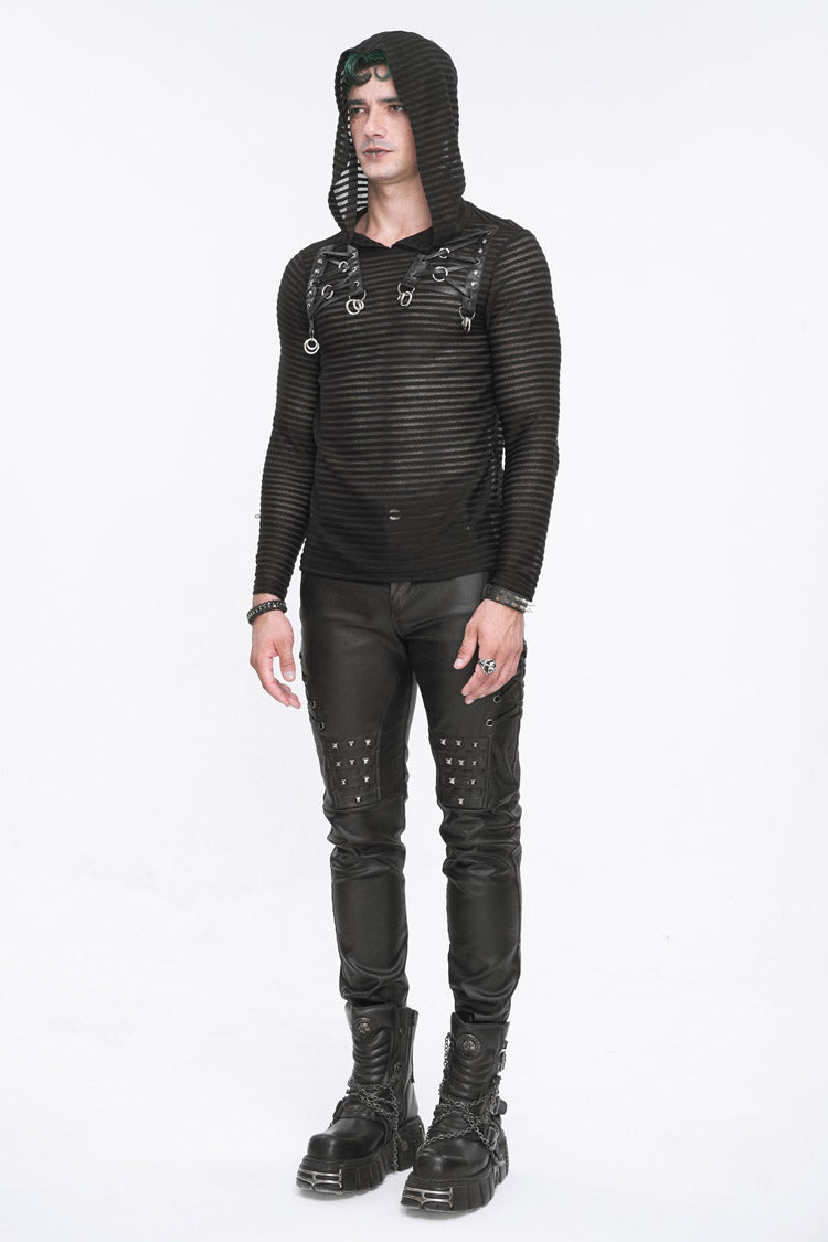 Black Striped Sheer Long Sleeve Punk Sweatshirt Hooded