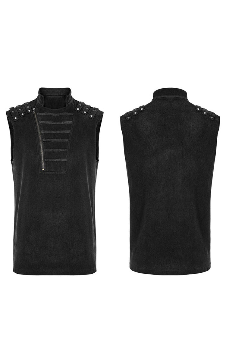 Black Punk Stand Collar Anterior Middle Asymmetry Design Zipper Shoulder Decorate Webbing Vest