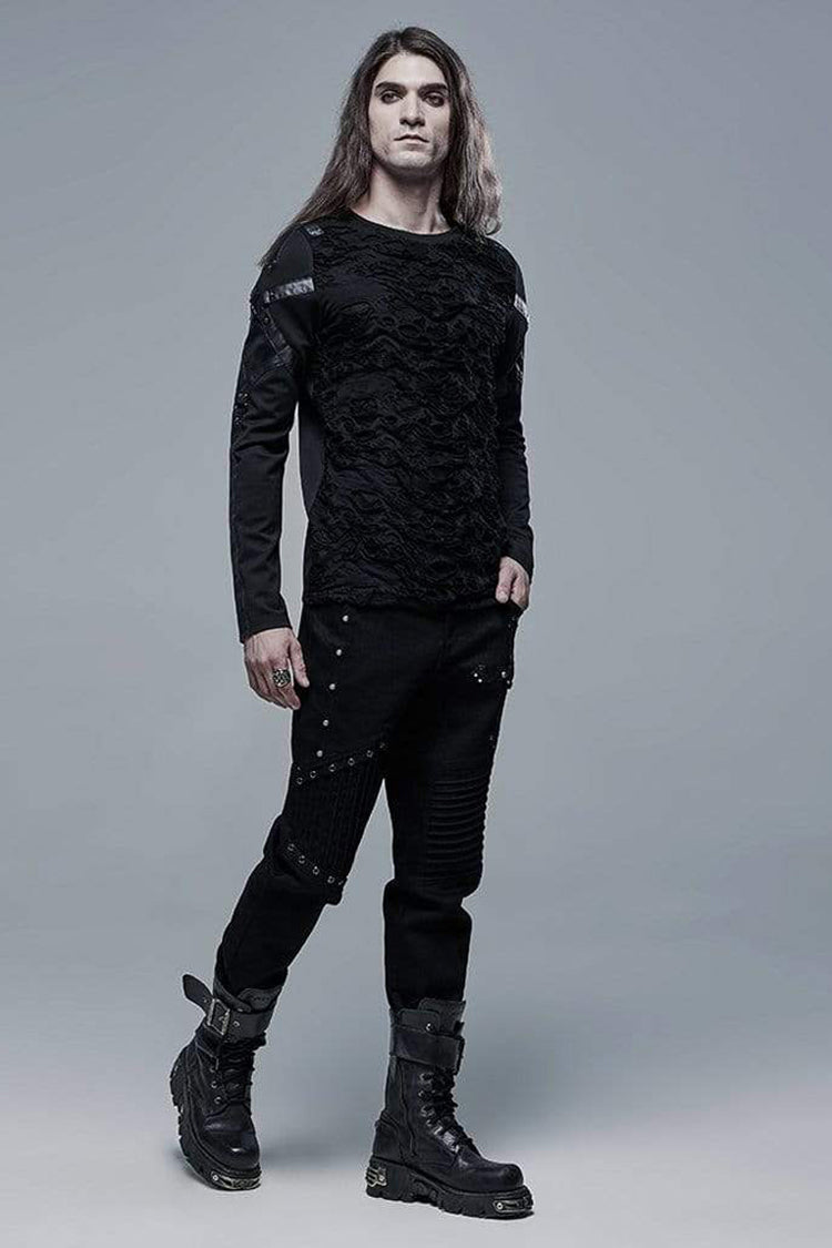 Black Long Sleeve Leather Strap Decoration Broken Holes Knit Punk T-shirt