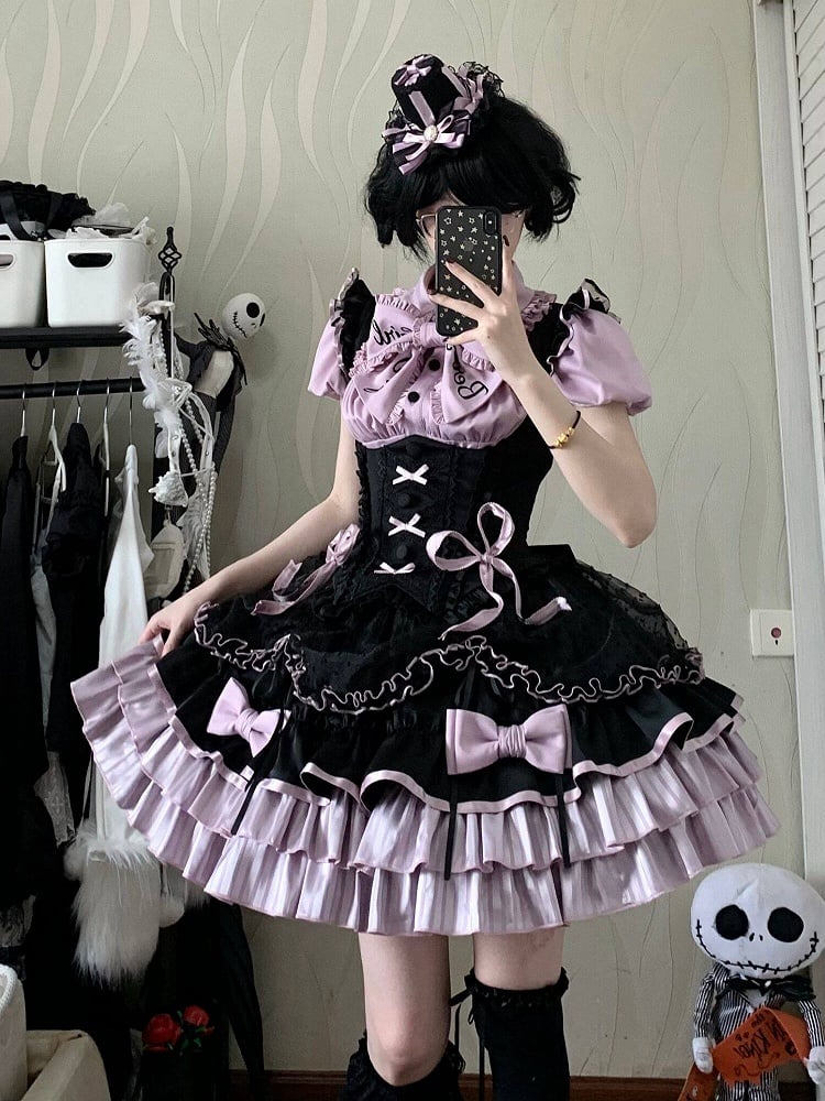[order Deadline: May 12] Black Purple Lolita Idol Ribbon Puff Sleeve Shirt + Corset Tulle Pull-up Jks Dress Set