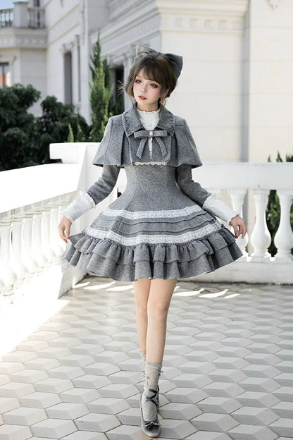Grey [letters and Poems · Old Memories] Stand Collar Long Sleeves Double-layered Ruffled Bow Classic Lolita Dress 2 Versions