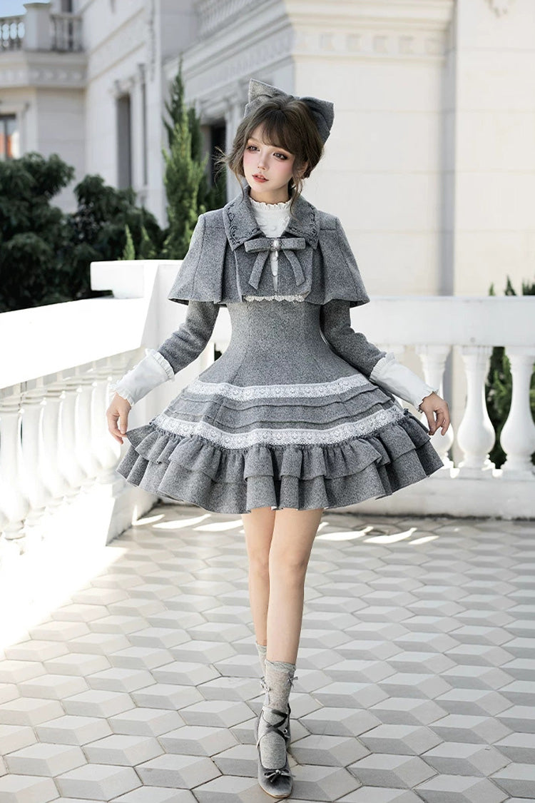 Grey [letters and Poems · Old Memories] Stand Collar Long Sleeves Double-layered Ruffled Bow Classic Lolita Dress 2 Versions