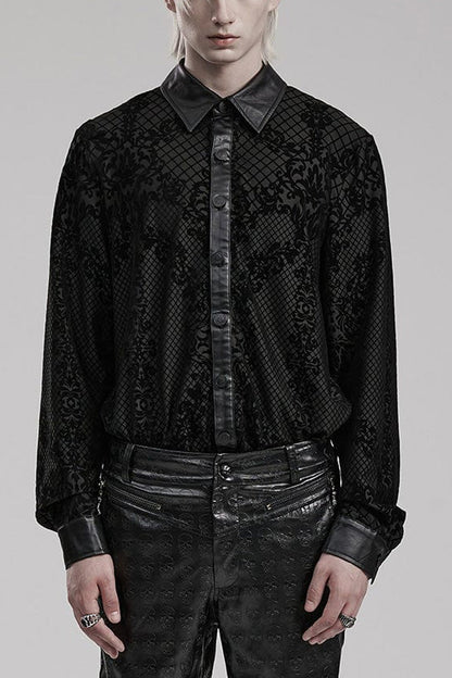 Black Print Faux Leather Stitching Skull Button Decorated Gothic Blouse