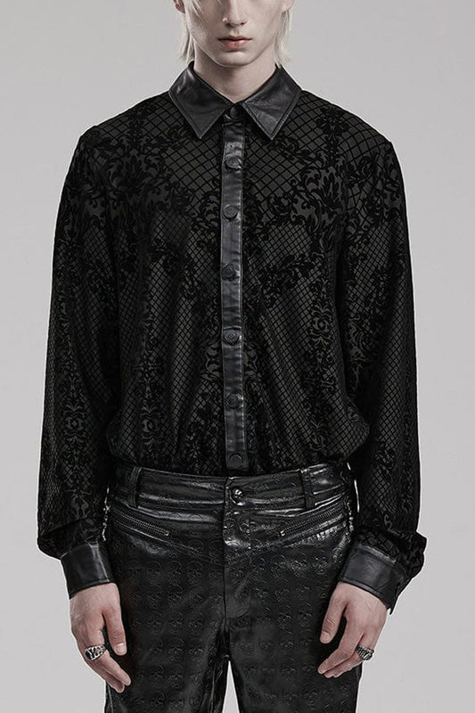 Black Print Faux Leather Stitching Skull Button Decorated Gothic Blouse