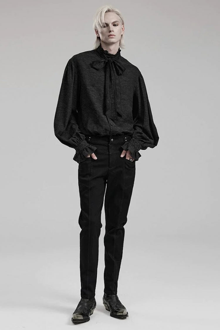 Black Stand Collar Long Puff Sleeves Jacquard Print Gothic Blouse With Necktie