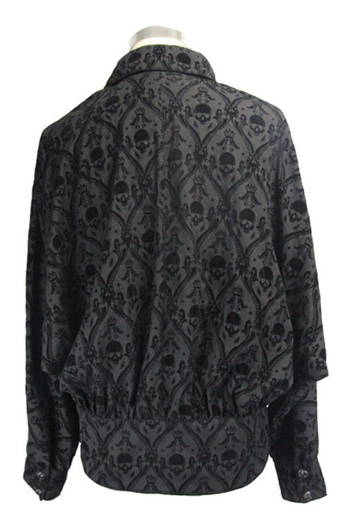 Black Lace Up Neckline Skull Printed Gothic Blouse