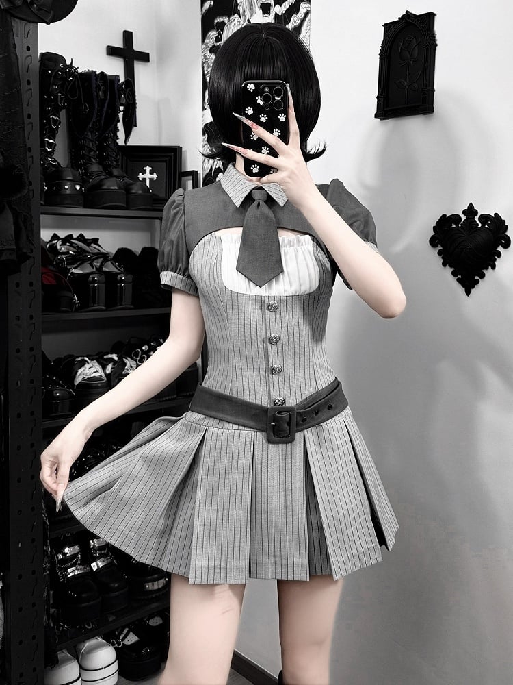 [pre-order Deadline: April 15] Gray Pinstripe Tie Collar Short Jacket Dress Full Set + Jewel Casquette
