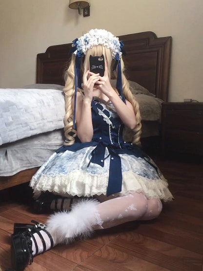 [pre-order Deadline: May 6] Dark Blue Moonlight Sea Lace Ribbon Layered Dress + Accessories
