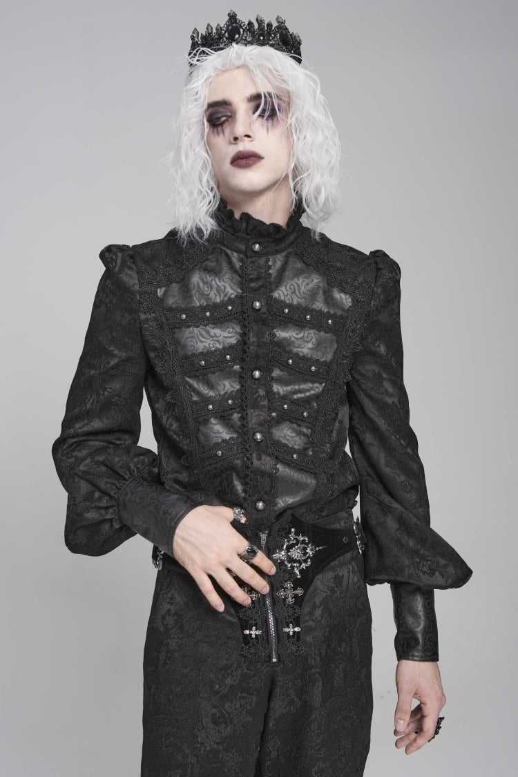 Black Stand Collar Long Lantern Sleeves Print Embroidery Gothic Blouse