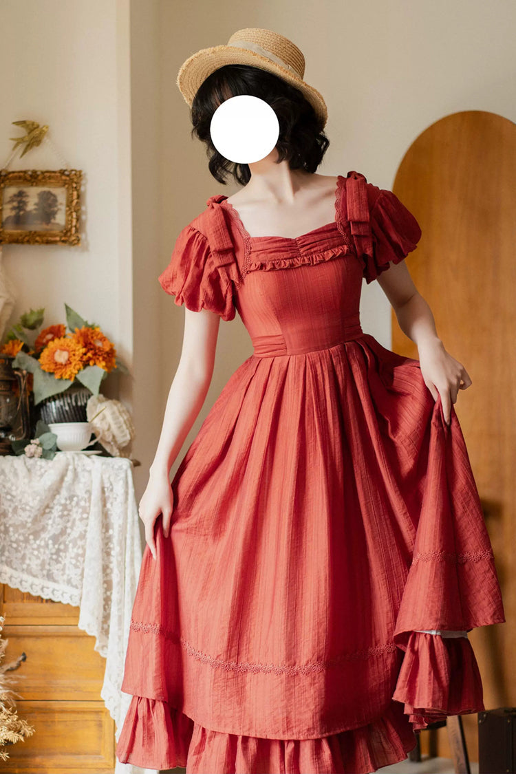 Red [forest Gallery] Square Collar Short Sleeves Ruffled Bow Classic Lolita Dress