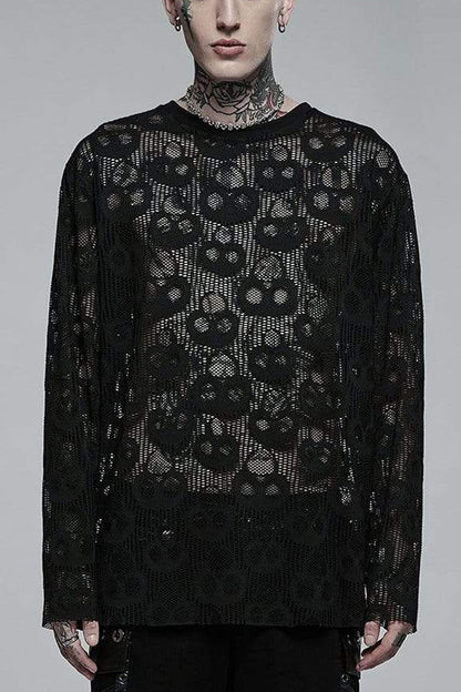 Black Long Sleeves Skull Print Lace Sheer Mesh Steampunk T-shirt