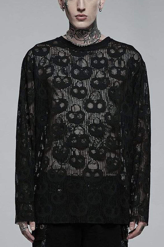 Black Long Sleeves Skull Print Lace Sheer Mesh Steampunk T-shirt