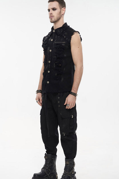 Black Punk Standing Collar Irregular Hand-painted Sleeveless Metal Decoration Tattered Shirt