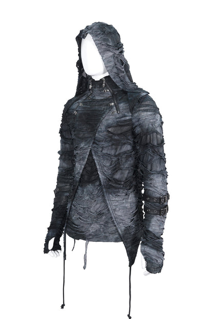 Black High Collar Long Sleeves Print Ripped Punk Hoodies T-shirt