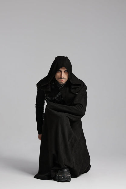 Black Hooded Buckle-up Rivets Punk Cloak
