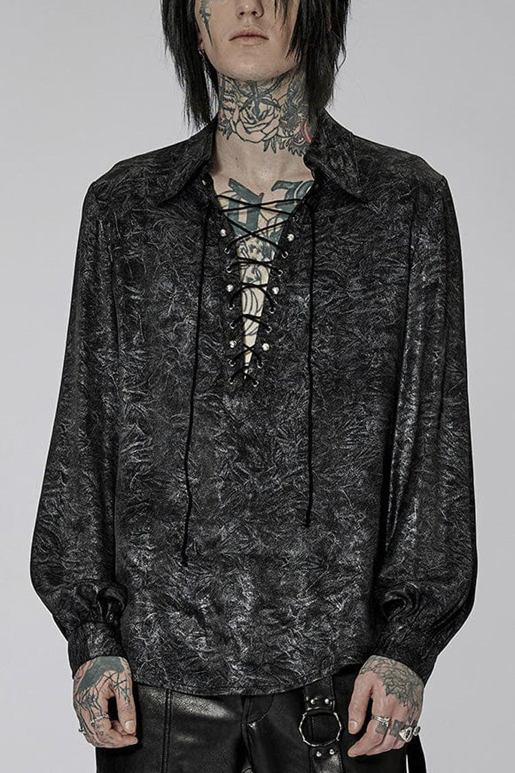 Black/silver Stand Collar Long Puff Sleeves Print Lace-up Metal Decoration Gothic Blouse