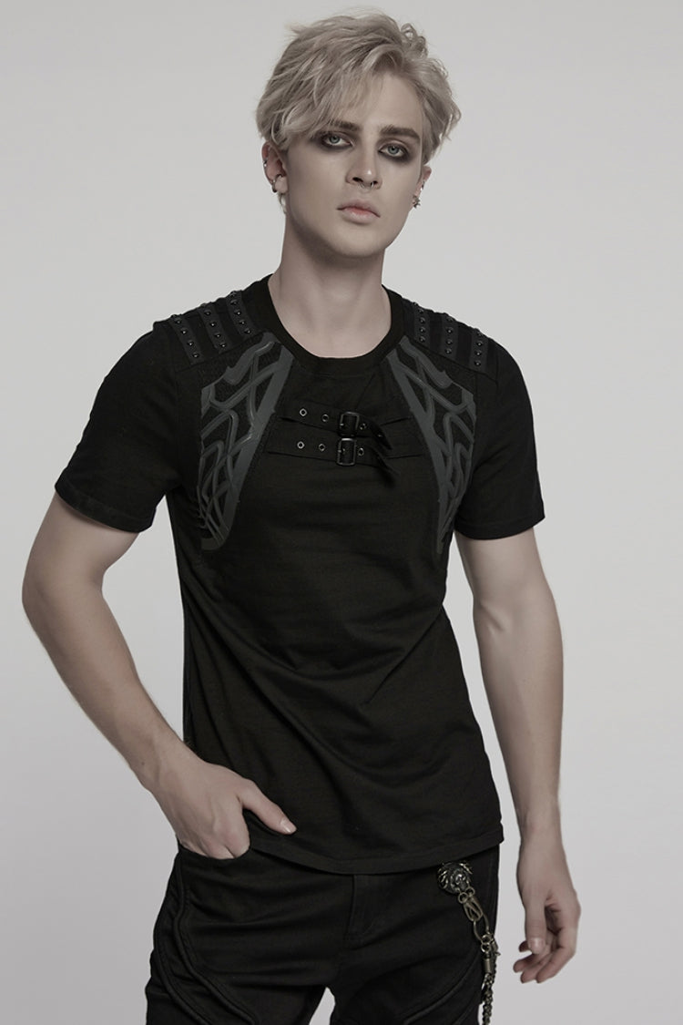 Black Round Collar Short Sleeves Studded Buckle Strap Punk T-shirt
