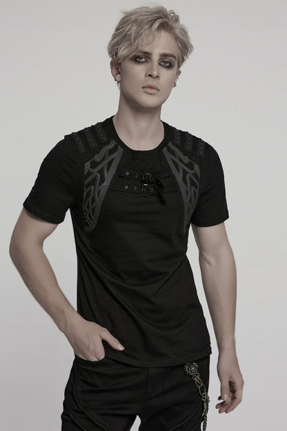 Black Round Collar Short Sleeves Studded Buckle Strap Punk T-shirt