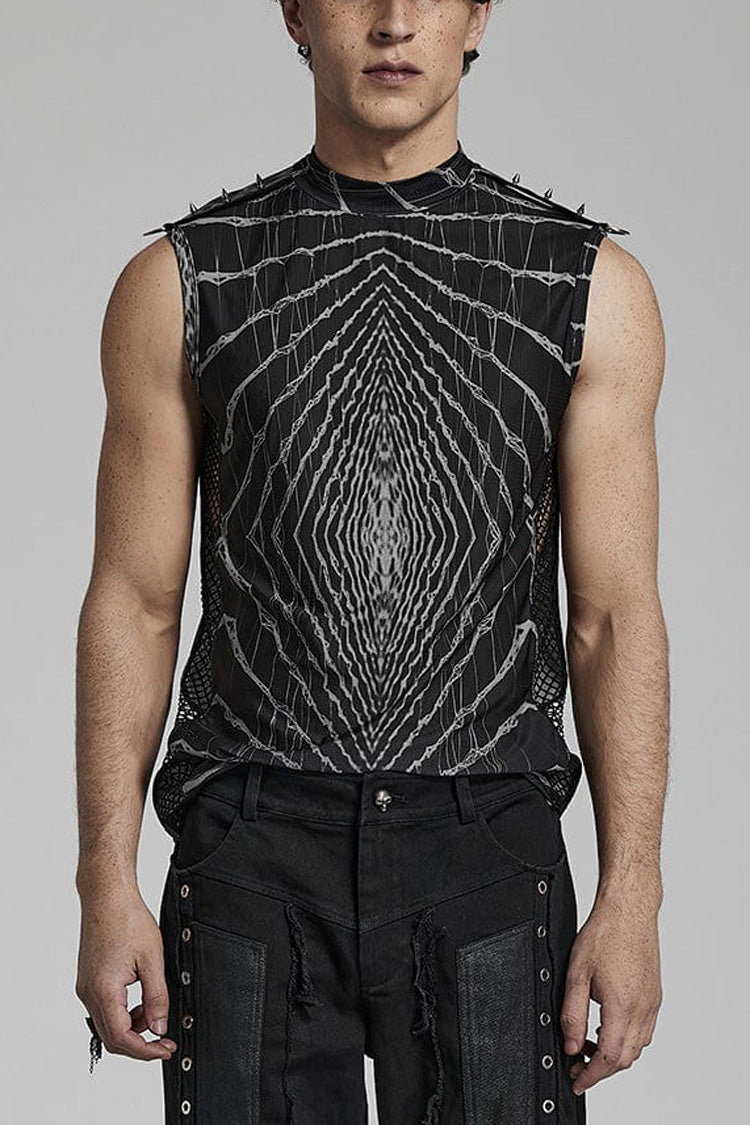 Halo Print Sleeveless Stitching Mesh Rivets Steampunk T-shirt 2 Colors