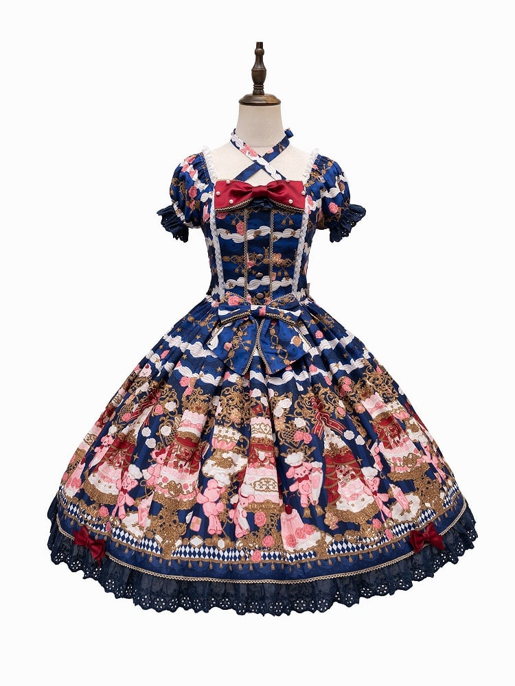 [pre-order Deadline: April 26] Retro Romance Sweet Lolita Ribbon Cake Print Halter Neck Dress