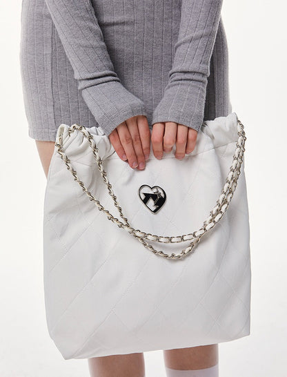Cool Metal Diamond Quilted Leather Chain Tote Bag