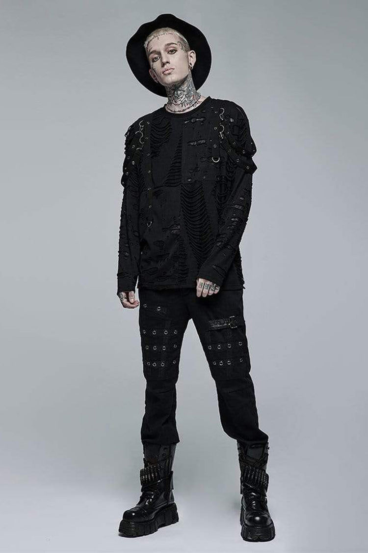 Black Gothic Broken Holes Knitted Fabric Stitching Metal Buckle Detachable Decorative Tape Long Sleeve T-shirt